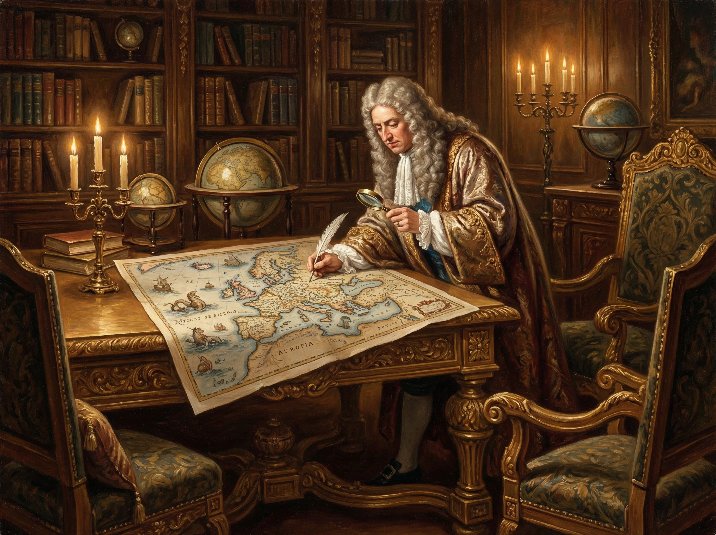 巅峰国际深度评测开云体育 - 国王审视地图的古典油画